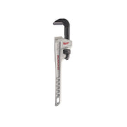 Milwaukee 14-inch aluminum pipe wrench with serrated jaw and adjustment knob on handle.
