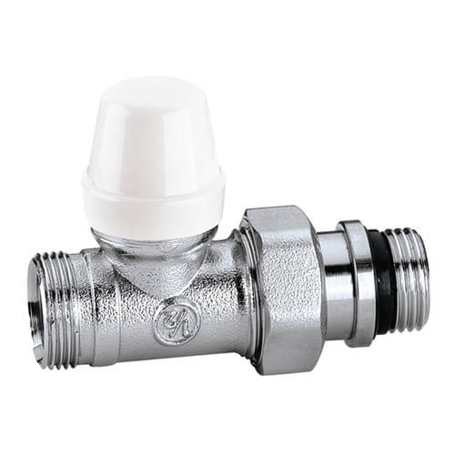 Brass straight lockshield valve with white cap, 1/2" and 3/4" connections, and adjustment nut.