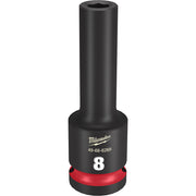 Black deep socket with red band, marked "8" and Milwaukee branding, 1/2" drive 8MM 6-point design.
