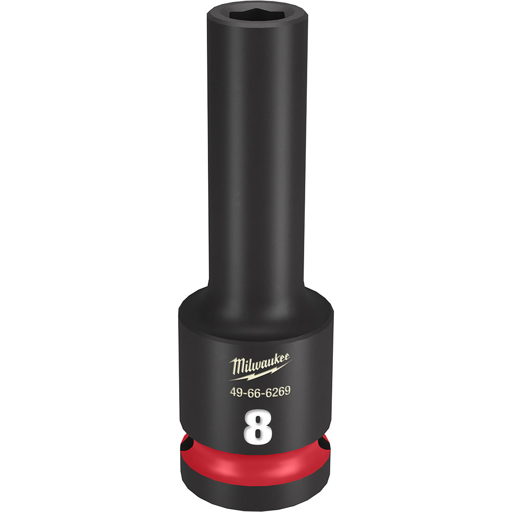 Black deep socket with red band, marked "8" and Milwaukee branding, 1/2" drive 8MM 6-point design.