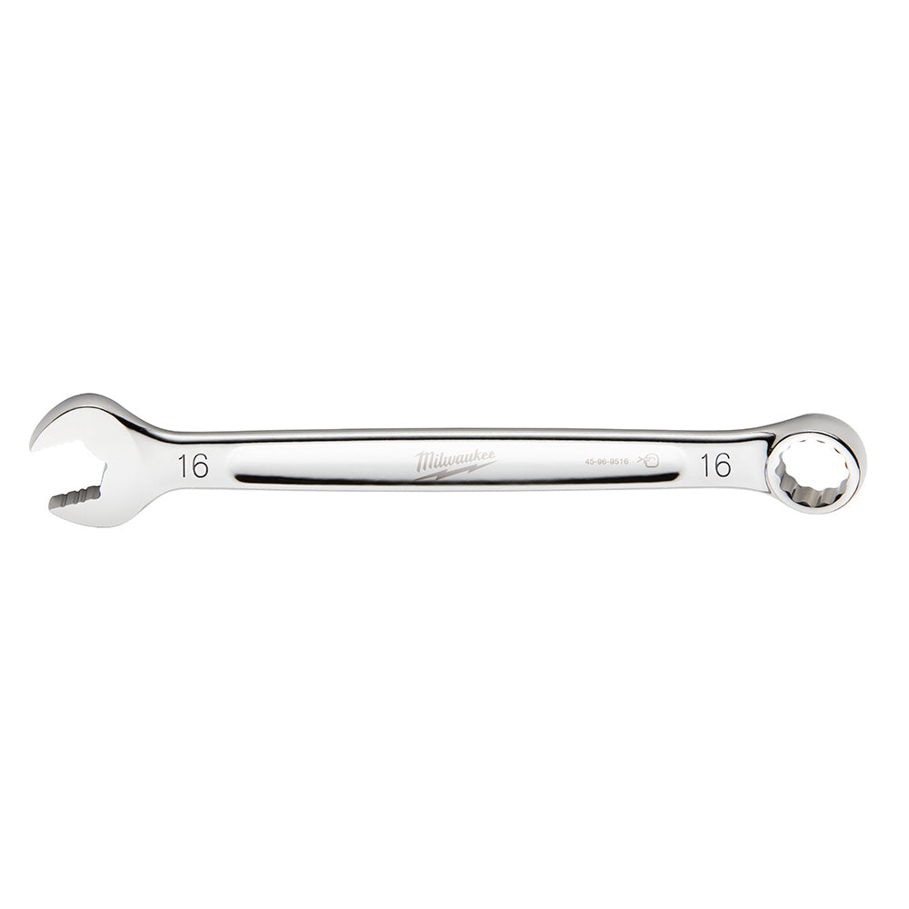 Silver Milwaukee 16mm combination wrench with open and ring ends marked "16" on both sides.