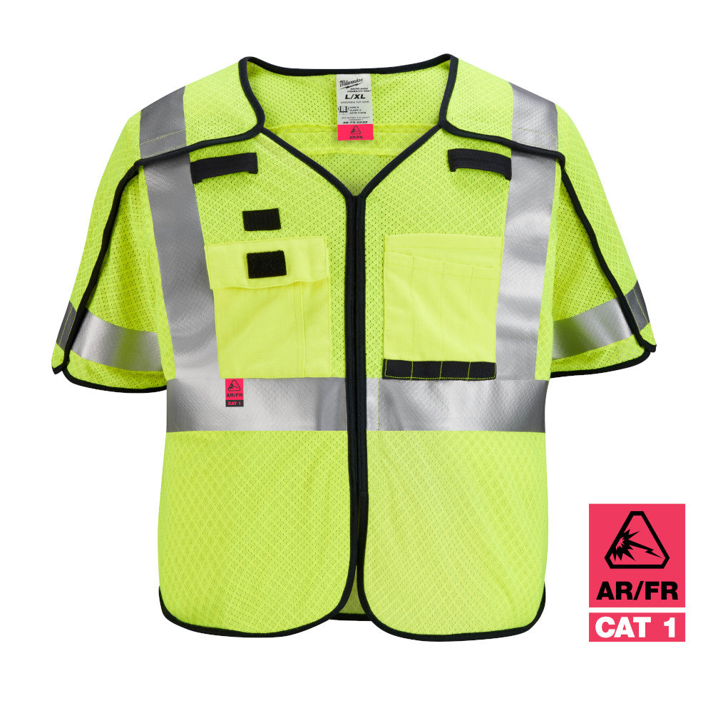 Neon yellow mesh safety vest with reflective gray and white stripes, black trim, multiple pockets, and breakaway shoulders.