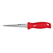 Milwaukee rasping jab saw with red ergonomic handle and serrated metal blade.