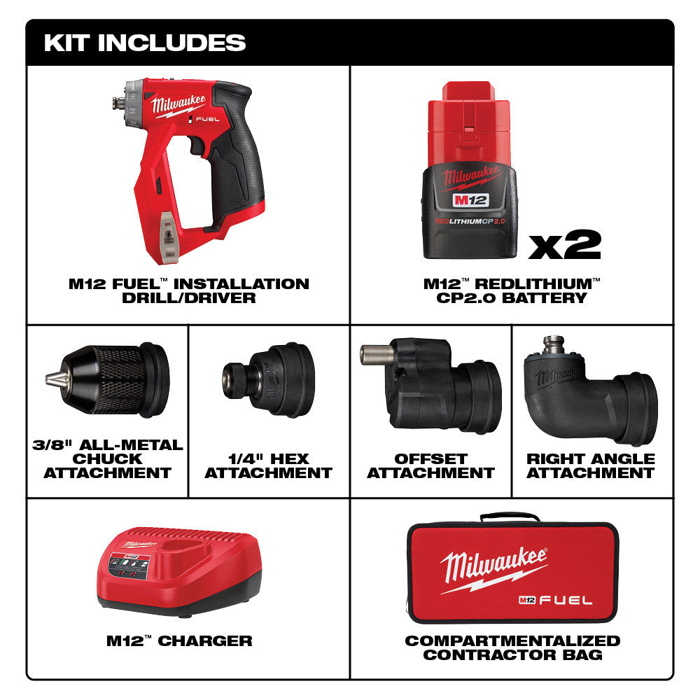 Red and black Milwaukee M12 FUEL drill/driver with two batteries, charger, three drill attachments, and red contractor bag.