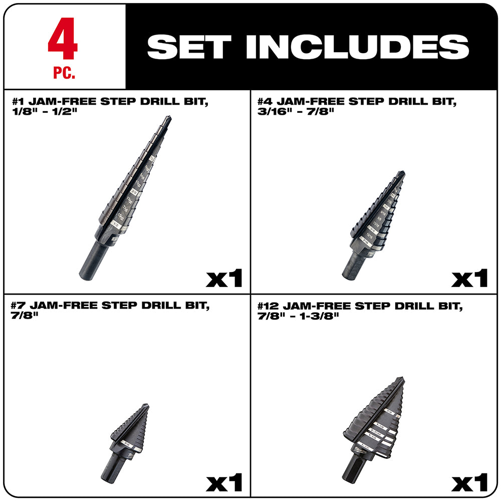 Four black step drill bits of varying sizes arranged in quadrants with size specifications labeled for each.