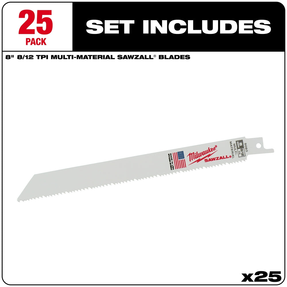 Eight-inch Milwaukee SAWZALL blade with 8/12 TPI teeth and mounting hole, shown as part of 25-pack set.