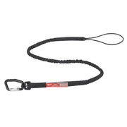 Black tool lanyard with carabiner clip at one end and loop at the other, featuring red Milwaukee label on webbing section.