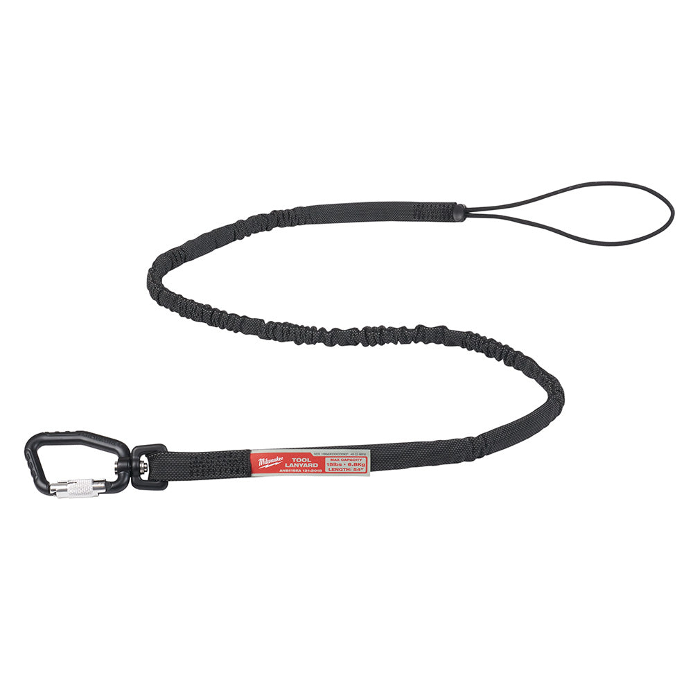Black tool lanyard with carabiner clip at one end and loop at the other, featuring red Milwaukee label on webbing section.