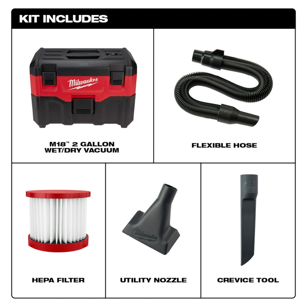 Red and black M18 wet/dry vacuum with flexible hose, HEPA filter, utility nozzle, and crevice tool accessories.
