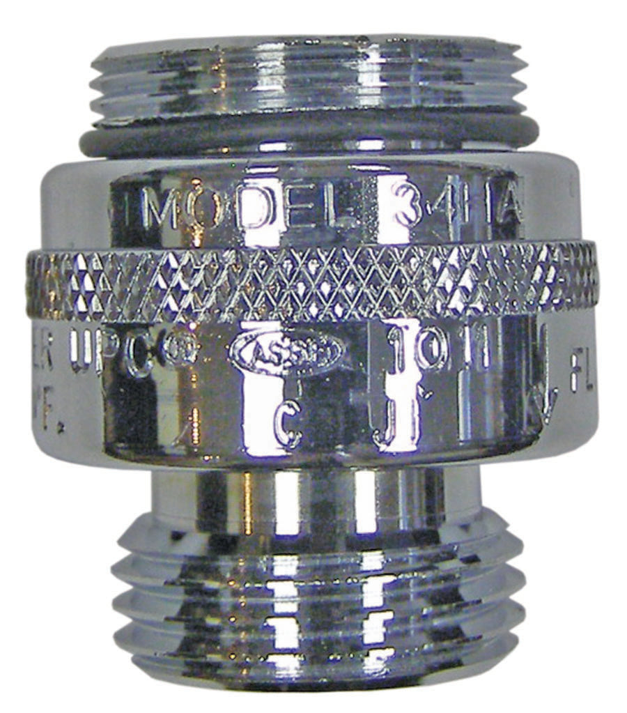 Brass hose adapter with threaded connections and knurled grip band, labeled Model 34HA.