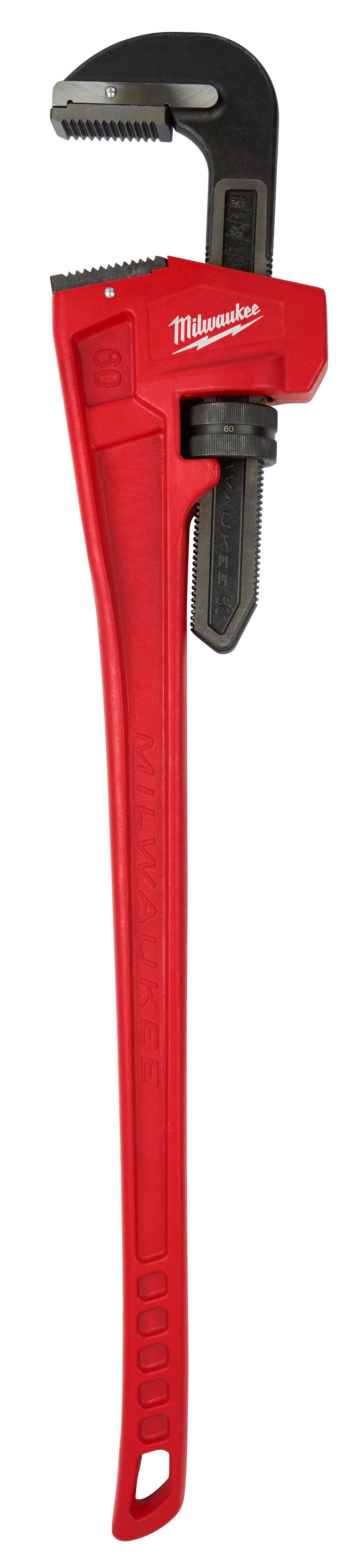 Red and black Milwaukee pipe wrench with serrated metal jaws and adjustment knob.