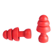Red flanged ear plugs with tiered dome design and connector stem, shown in two configurations.