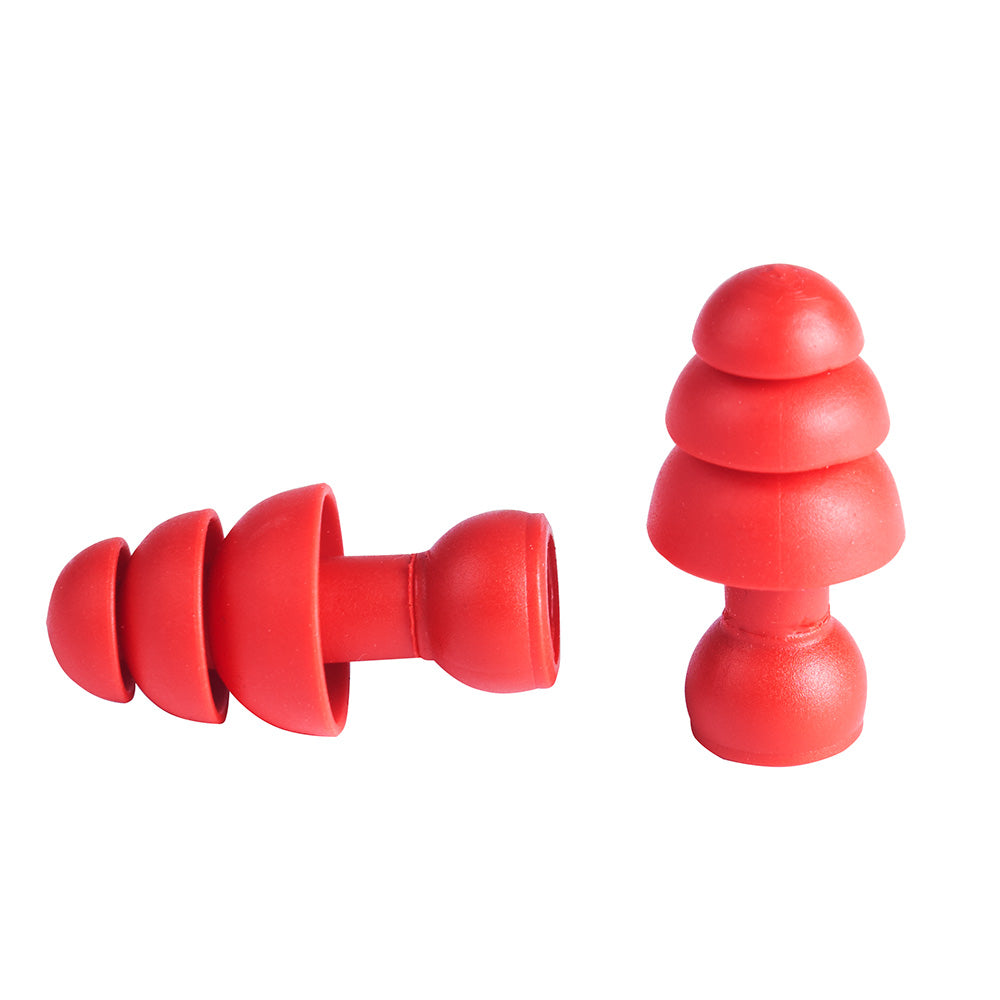 Red flanged ear plugs with tiered dome design and connector stem, shown in two configurations.