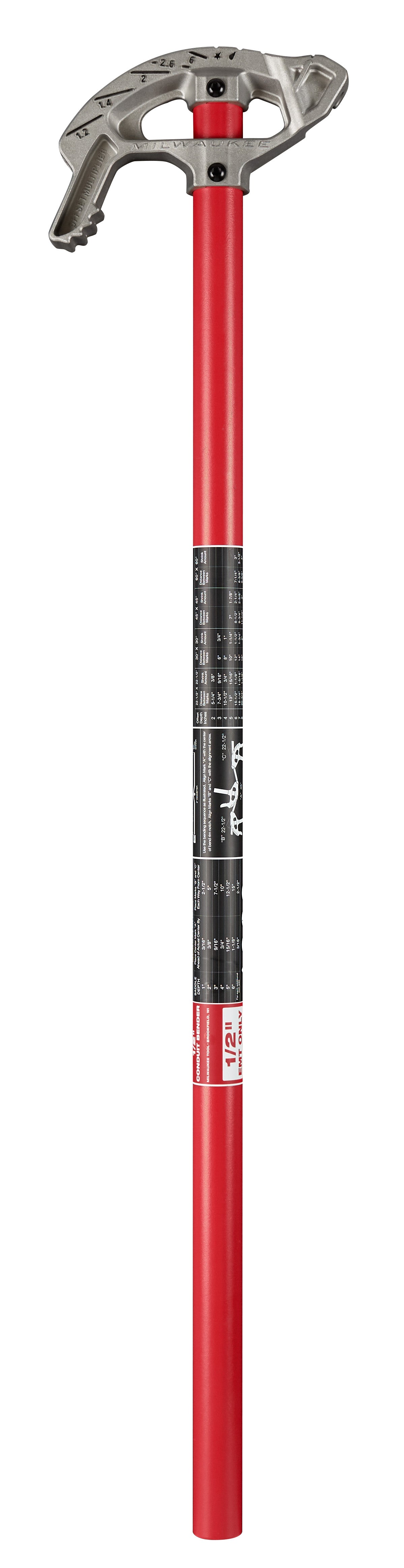 Aluminum conduit bender with gray metal head and red shaft with black grip section.