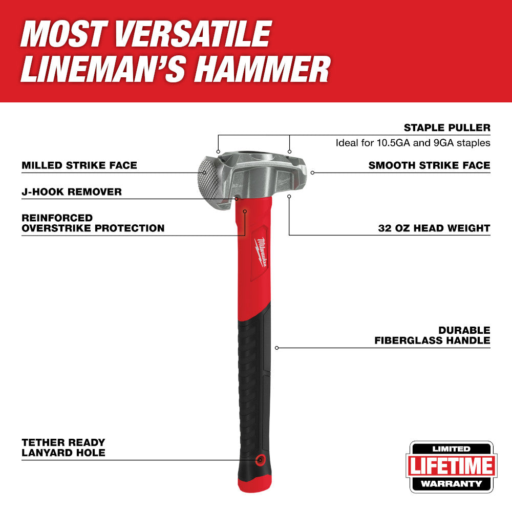 Milwaukee lineman's hammer with 32 oz head, red and black fiberglass handle, milled and smooth strike faces, J-hook remover, 