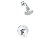 Chrome shower faucet trim kit with round wall-mounted valve handle and overhead showerhead with spray nozzles.