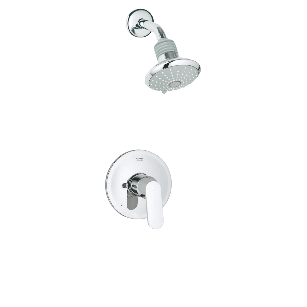 Chrome shower faucet trim kit with round wall-mounted valve handle and overhead showerhead with spray nozzles.