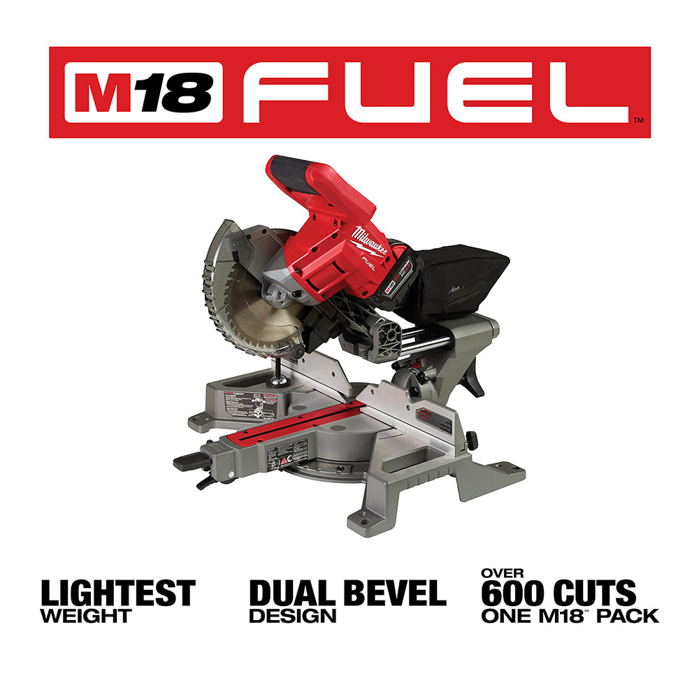 Red and gray Milwaukee M18 FUEL dual bevel sliding compound miter saw with circular blade and black dust collection bag.