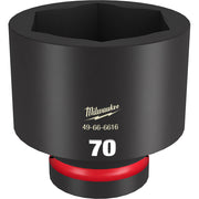 Black cylindrical socket with hexagonal opening, red grip band at base, Milwaukee branding and model number 49-66-6616 displa