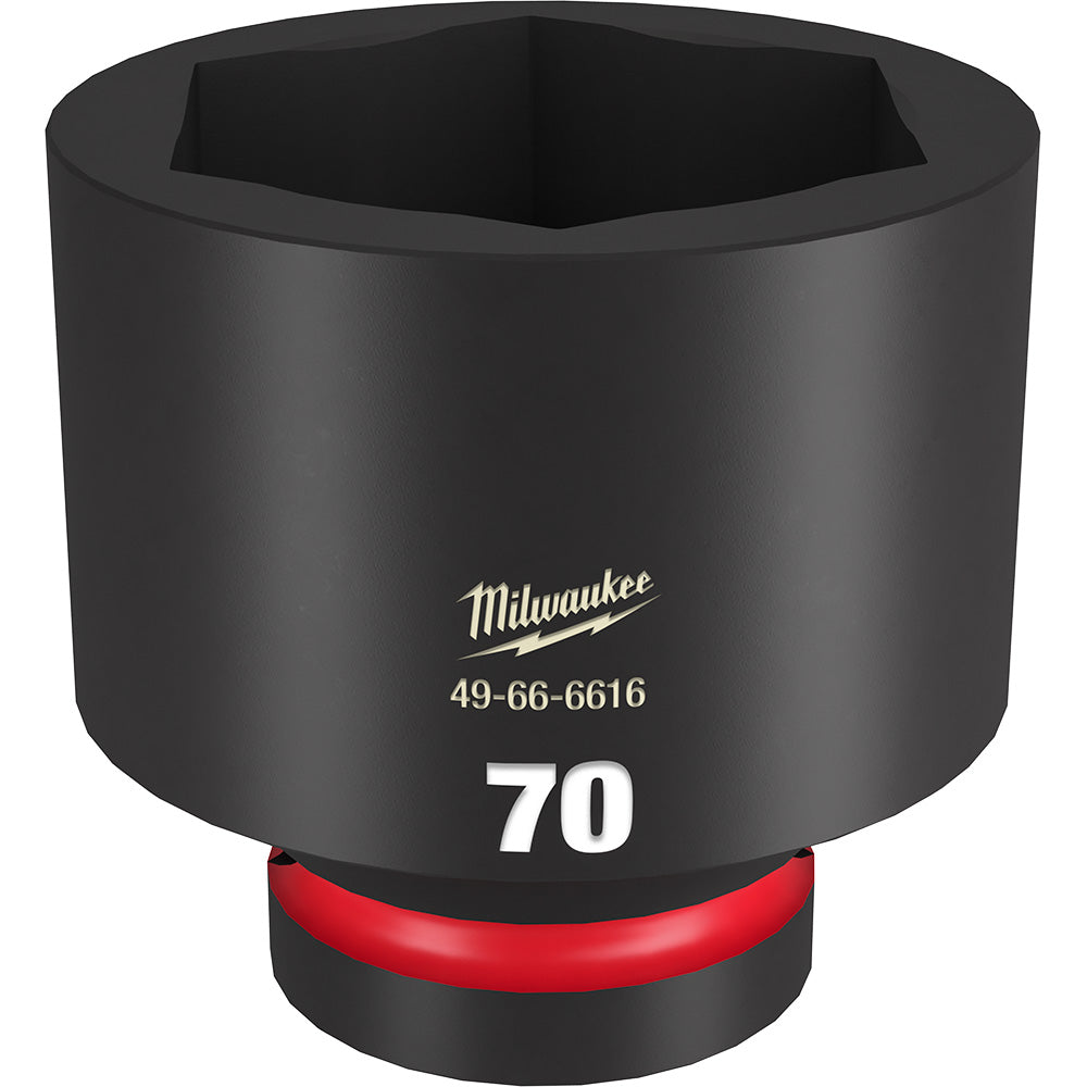 Black cylindrical socket with hexagonal opening, red grip band at base, Milwaukee branding and model number 49-66-6616 displa