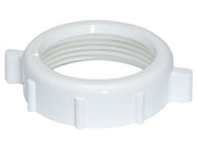 White PVC slip-joint nut with threaded interior and grip tabs on sides.