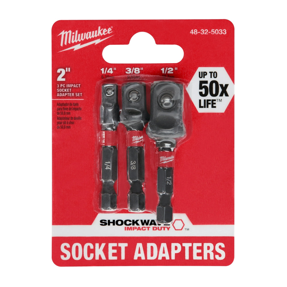 Three black hex shank socket adapters in 1/4", 3/8", and 1/2" sizes on red Milwaukee packaging.