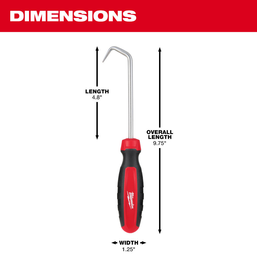 Metal hook pick with red and black handle, 9.75 inches overall length.