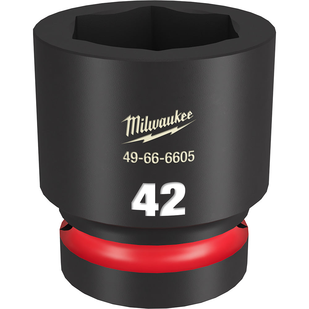 Black 42mm Milwaukee socket with 1-inch drive and six-point hexagonal opening.