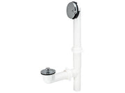 Chrome and white polypropylene tub drain kit with lift-and-lock mechanism and two-hole configuration.