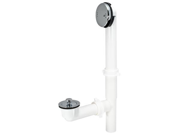 Chrome and white polypropylene tub drain kit with lift-and-lock mechanism and two-hole configuration.