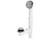 Chrome and white polypropylene tip-toe tub drain kit with two-hole overflow assembly and popup stopper.