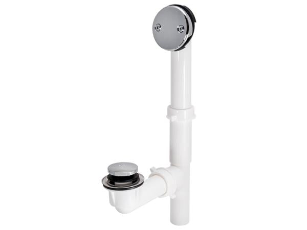 Chrome and white polypropylene tip-toe tub drain kit with two-hole overflow assembly and popup stopper.