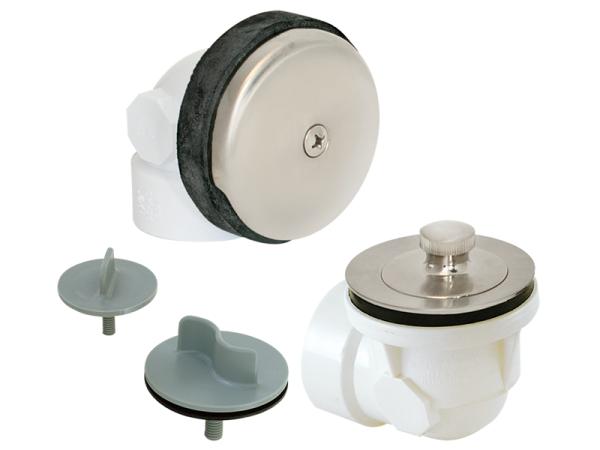 Stainless steel bathtub drain assembly with lift-lock mechanism, including chrome stopper, rubber gaskets, and test kit compo