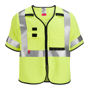 High-visibility yellow safety vest with silver reflective stripes, black trim, and two chest pockets, size L/XL.