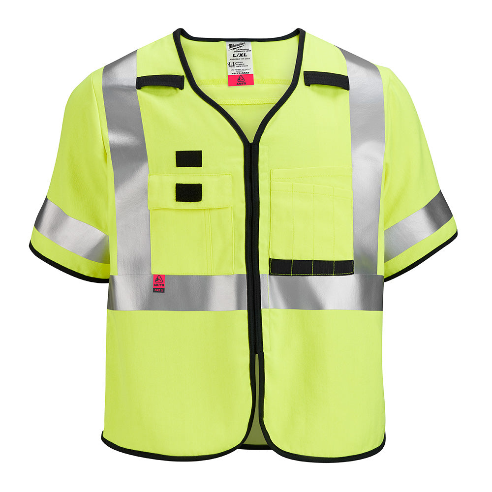 High-visibility yellow safety vest with silver reflective stripes, black trim, and two chest pockets, size L/XL.