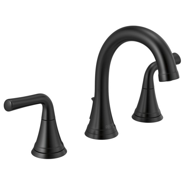 Black two-handle widespread bathroom faucet with curved spout and cone-shaped base handles.