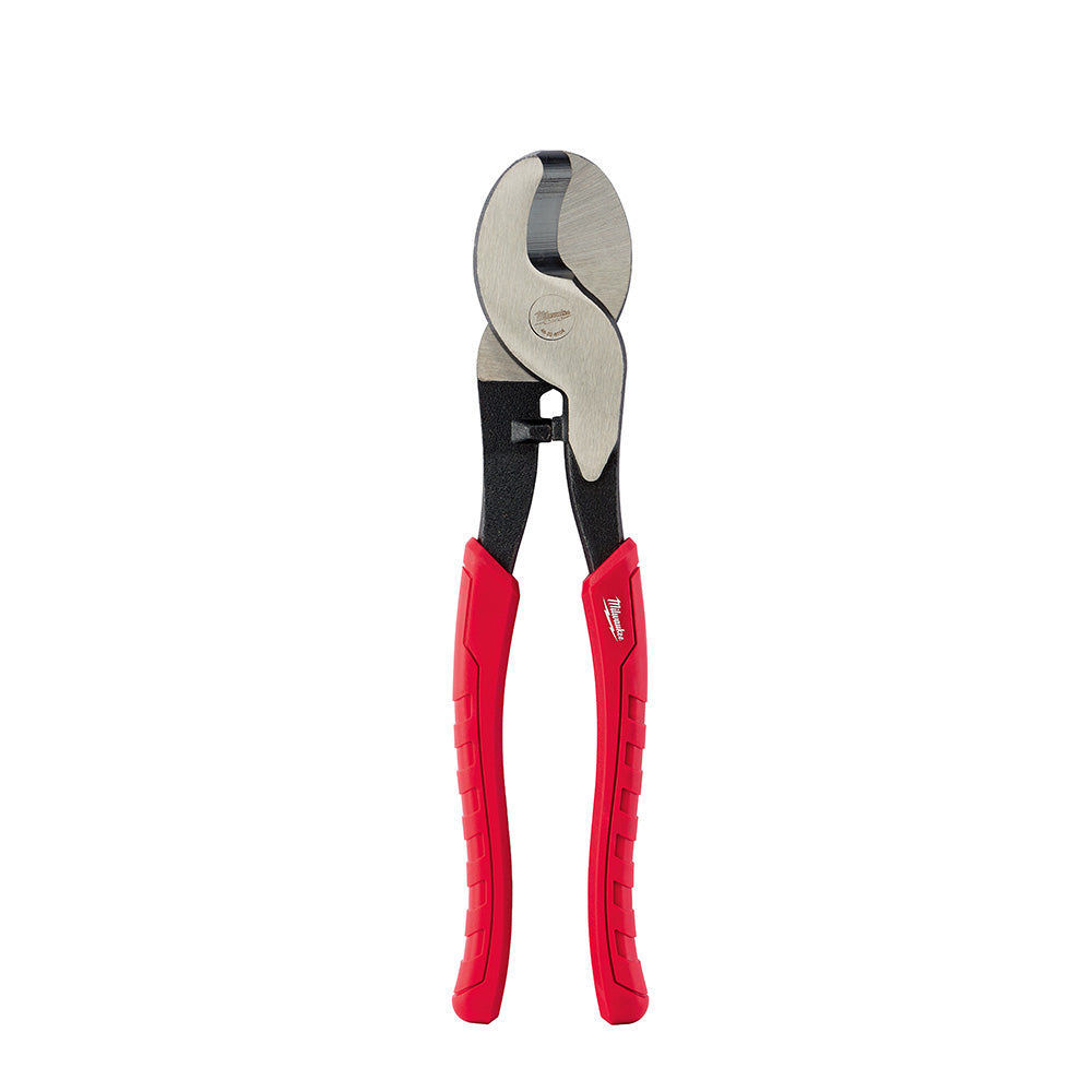 Cable cutting pliers with red handles, black grip sections, and silver cutting head with oval-shaped upper jaw.