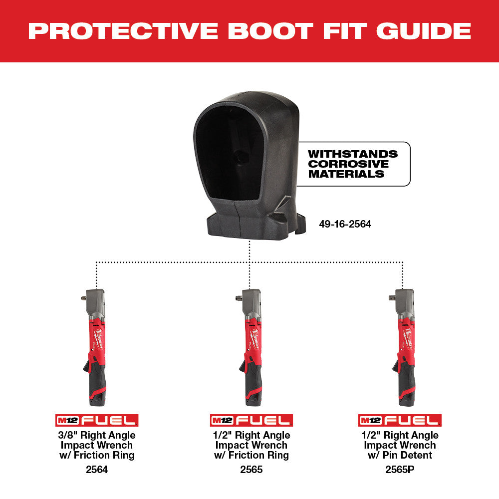 Black protective boot with opening for M12 FUEL right angle impact wrench, labeled 49-16-2564, withstands corrosive materials