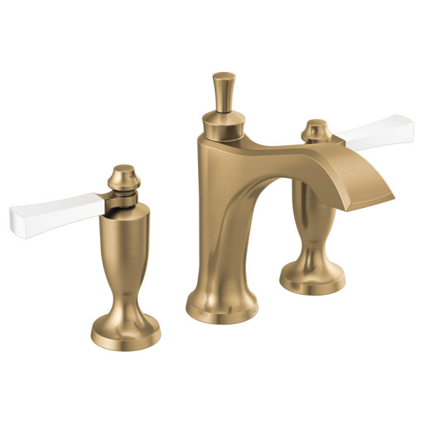 Brass widespread bathroom faucet with two white lever handles, curved spout, and pop-up drain assembly.