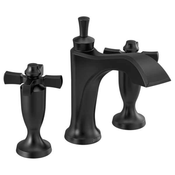 Black two-handle widespread bathroom faucet with cross handles, curved spout, and matching pop-up drain assembly.