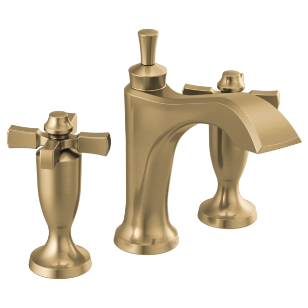 Brass two-handle widespread bathroom faucet with cross handles, curved spout, and matching pop-up drain assembly.