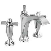 Chrome two-handle widespread bathroom faucet with cross handles, curved spout, and pop-up drain assembly.