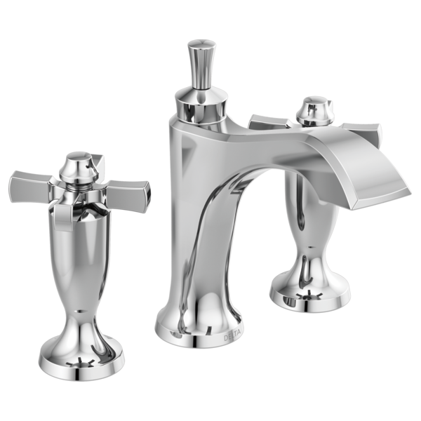 Chrome two-handle widespread bathroom faucet with cross handles, curved spout, and pop-up drain assembly.