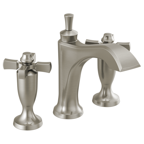 Brushed nickel two-handle widespread bathroom faucet with cross handles, curved spout, and matching drain assembly.