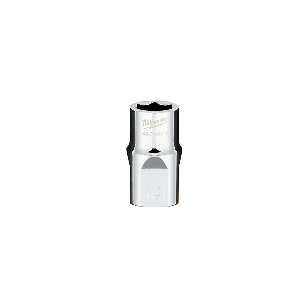 Milwaukee 1/2 inch drive 13mm metric 6-point socket with flat sides and black grip knurling.