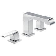 Chrome widespread bathroom faucet with two square handles, curved spout, and metal pop-up drain assembly.