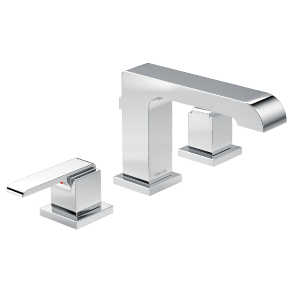 Chrome widespread bathroom faucet with two square handles, curved spout, and metal pop-up drain assembly.