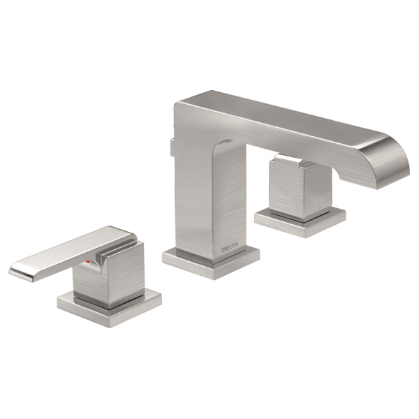 Brushed nickel widespread bathroom faucet with two square handles and curved spout.