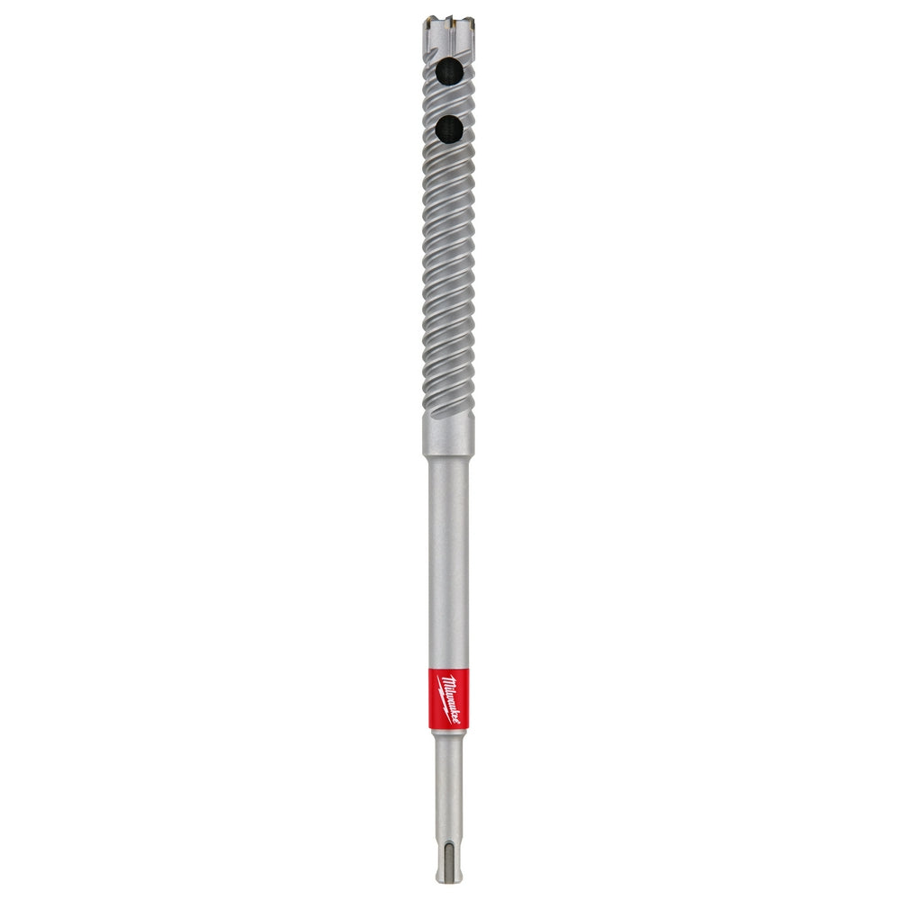Milwaukee SDS Plus rebar cutter with spiral flutes, two positioning holes, and red brand sleeve on shaft.