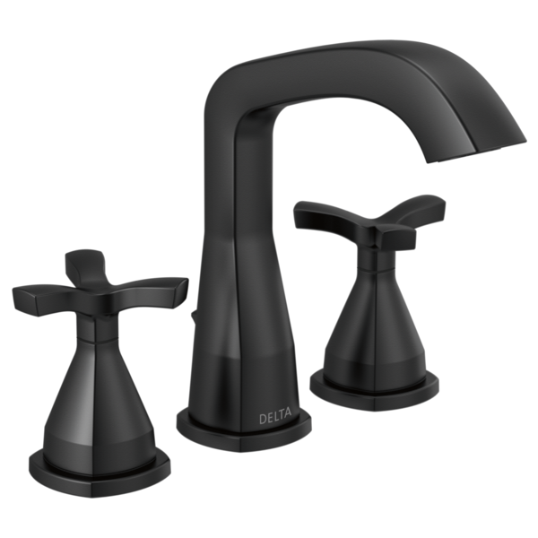 Black Delta Stryke widespread faucet with tall curved spout, cross handles, and matching drain assembly.